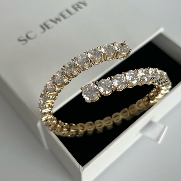 Bracelet 14k Gold Plated Real Crystal Adjustable Cuff Luxury Jewelry - Picture 3 of 11